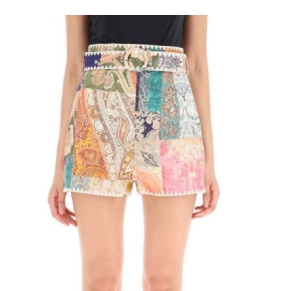 Magaschoni NWT highwaist patchwork linen lined shorts with matching belt size 4